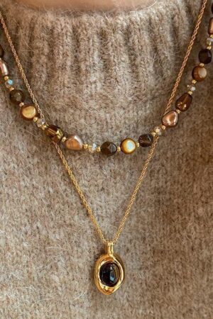 Layered Amber & Gold Pendant Necklace Set