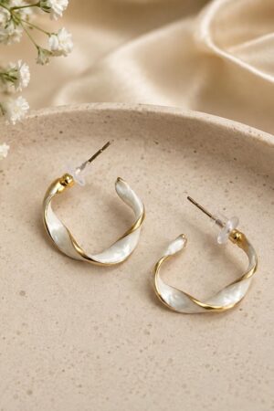 Twisted Gold + White Enamel Hoop Earrings