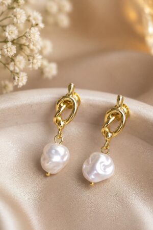 Gold Knot Baroque Pearl Drop Earrings