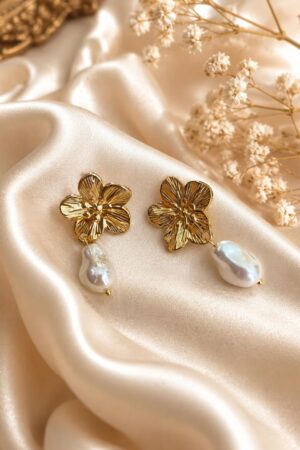Gold Floral Baroque Pearl Drop Earrings