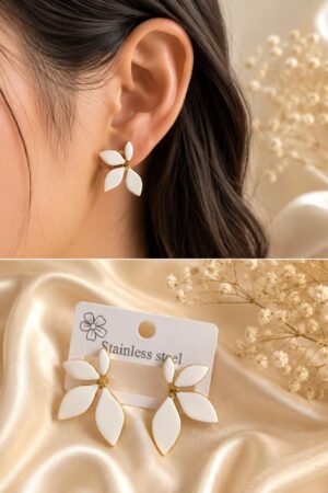 White Enamel Flower Stud Earrings