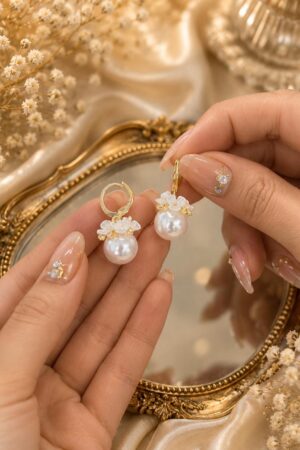 Gold Floral Pearl Huggie Drop Earrings