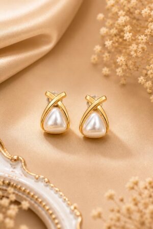 Gold X-Frame Teardrop Pearl Stud Earrings