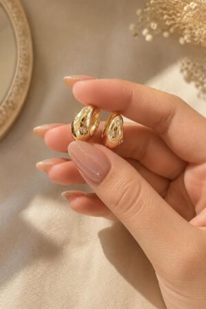 Chunky Gold Dome Hoop Earrings with zircon Accents